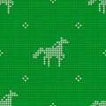 Seamless knitting pattern with horses is on the green background. Save with the Clipping Mask