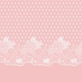 Seamless lace horizontal fabric. White flowers and a grid on a pink background.