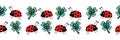 Seamless ladybug and four leaf clover vector border. Flat red Ladybugs and clover leaves on white horizontal repeating pattern.