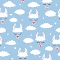 Seamless lama pattern. Vector blue background with alpaca and clouds