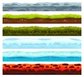 Seamless land layers. Dirt ground landscape game asset, ice with snow caps and lava floor. Cartoon surface vector assets