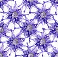 Seamless large raster pattern with exotic flower in blue and purple colors. Hand drawn watercolor illustration, drawn with brush a