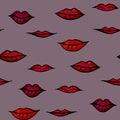Seamless raster pattern with watercolor drawings of lips in red and pink shades on a lilac background. For fabric
