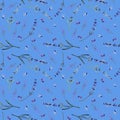 Seamless lavender watercolor pattern. Beautiful illustration on blue background.