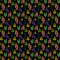 Seamless leafy autumn pattern on a black background. Watercolor forest leaves in yellow, red, green, blue and purple shades