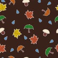 Seamless with leaves, umbrellas, mushrooms and wat Royalty Free Stock Photo