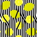 Seamless lemon on black and white stripes. Vintage fruits background