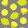 Seamless lemon on black and white zig-zag stripes. Vintage fruits background