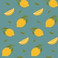 Seamless lemon pattern with leaves and slice. Yellow citrus fruits on turquoise background. Color vector illustration Royalty Free Stock Photo