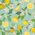 Seamless Lemon pattern with tropic fruits, leaves, flowers background. Hand drawn illustration in watercolor style for summer