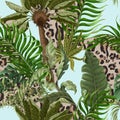 Seamless leopard skin pattern with tropical leaves. Vector. Royalty Free Stock Photo