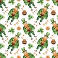 Seamless leprechaun, pot with gold, trefoil, clover, flags pattern. Watercolor festive background for Saint Patrick day wrapping