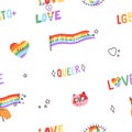 Seamless LGBT pattern. Endless background, LGBTQ love. Rainbow flag, cute cat, queer, repeating print design for pride