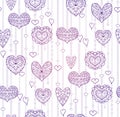 Seamless lilac texture with hanging doodle hearts