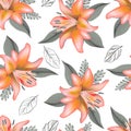 Seamless lily flower and leave pattern