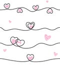 Seamless line heart pattern. Cute style background with pink hearts and black lines on white backdrop