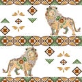 Seamless lion pattern made from flowers, leaves