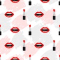 Seamless lipstick pattern with lips. Vector fashion print