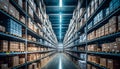 Seamless Logistics, A Warehouse Distribution Center, Long Shelves with Boxes, Generative AI Royalty Free Stock Photo