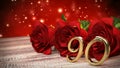 Seamless loop birthday background with red roses on wooden desk. ninetieth birthday. 90th. 3D render