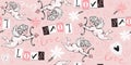 Seamless love Pattern, cupid shooting arrows with heart, flowers, word love from newspaper letters. Modern valentine