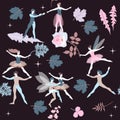 Seamless magic pattern with cute cartoon ballet dancers, fairies and elves, isolated on black background. Beautiful flowers