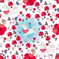 Seamless magic pattern with funny unicorns, red poppy flowers, blue butterflies and pink hearts on white background Royalty Free Stock Photo