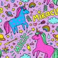 Seamless magic pattern with handdrawn unicorns and magic stuff. Miracle and magic creature. Royalty Free Stock Photo