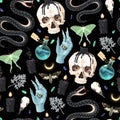 Seamless magic pattern with supply for witchcraft