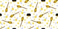 Seamless magic pattern. Magic Snitch, Flying Broom and Boiling Potion Cauldron. Harry Potter, Hogwarts School of Magic