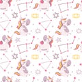 Seamless cute magical celestial vector pattern with unicorns, constellation, stars, sky, esoteric elements, wings