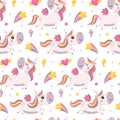 Seamless cute magical celestial vector pattern with unicorns, stars, sky, wings, hearts