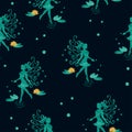 Seamless magical dark pattern with beautiful watercolor fairy.