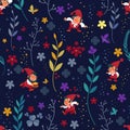 Seamless magical pattern background with dwarfs, gnomes in colorful fantastic, fairy tale forest. Vector illustration.