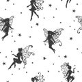 Seamless magical pattern with fairies and stars.