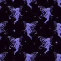 Seamless magical pattern with watercolor purple fairy and stars.