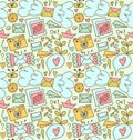 Seamless mail pattern. Cute doodle background with letters, camera, fruits, and other beautty elements.