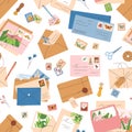 Seamless mail pattern with envelopes, letters, postcards. Repeating background with post cards, stamps and paper