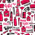 Seamless Makeup pattern. Glamorous makeup pattern with nail polish and lipstick