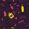 Seamless Makeup pattern. Glamorous makeup pattern with nail polish and lipstick