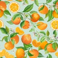 Seamless Mandarin Floral Pattern. Vector Fruit Background, Citrus Fruits, Flowers, Leaves, Orange Branches Texture Royalty Free Stock Photo