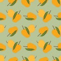 Seamless mango pattern with leaves on green background. Ripe mango vector illustration