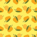 Seamless mango pattern with leaves on yellow background. Ripe mango vector illustration