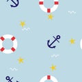 seamless marine ocean, summer time holiday vacation season with star fish, swim tube and anchor repeat pattern in blue background Royalty Free Stock Photo