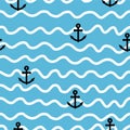 Seamless marine pattern with black anchor on blue background with white hand drawn sea waves. ESP 10 vector illustration Royalty Free Stock Photo