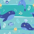 Seamless marine pattern with blue whales and dolphins, fish, jellyfish on an emerald background with algae and pearls