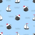 Seamless marine pattern with cat Sailor and ships. Royalty Free Stock Photo