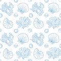 Seamless marine pattern with coral, seashells and nautilus elements in delicate hand drawn style Royalty Free Stock Photo
