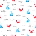 Seamless marine pattern with crab, sea fish and ship Royalty Free Stock Photo