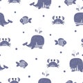 Seamless marine pattern with hand drawn whales, crabs and fish. Sea life